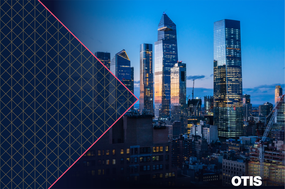 City skyline with Otis logo
